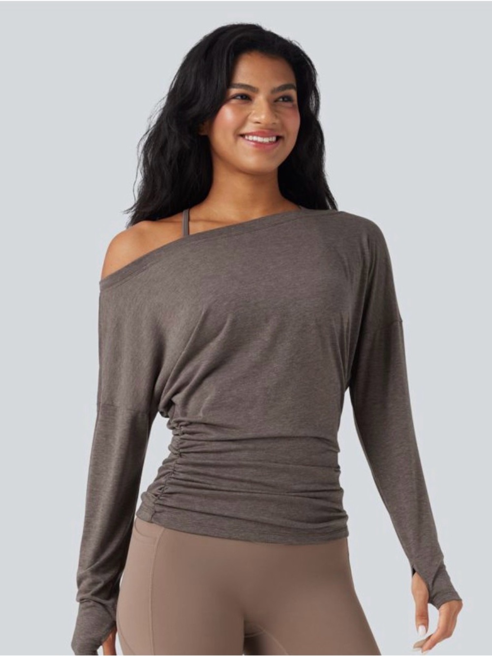 Halara Off-Shoulder Ruched Waist Long Sleeve Top - Taupe NWT